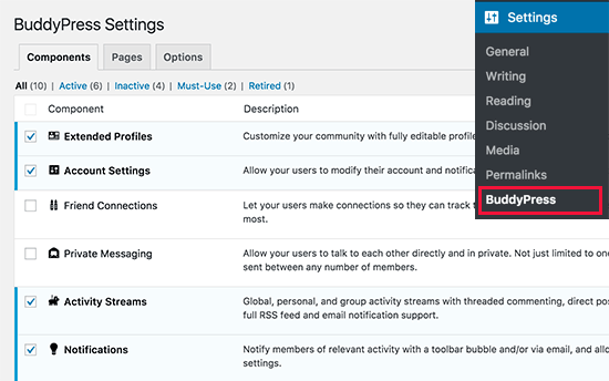 BuddyPress settings