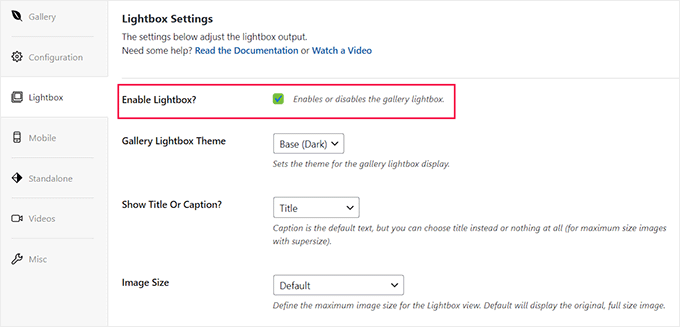 Enable the lightbox option for the video portfolio