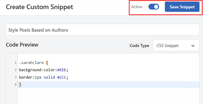 Activate CSS snippet to style a specific author's posts