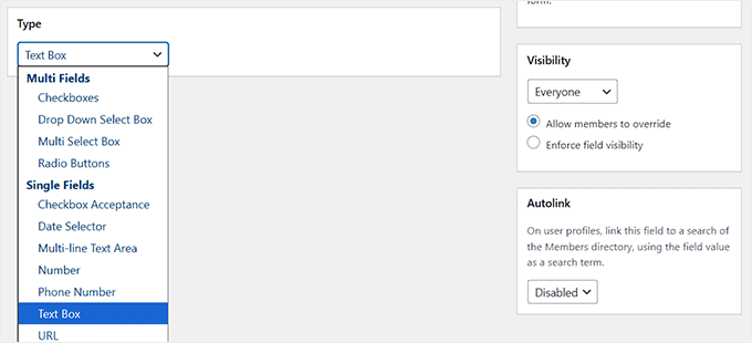 Wählen Sie den Feldtyp und die Sichtbarkeit in BuddyPress Wählen Sie den Feldtyp und die Sichtbarkeit in BuddyPress