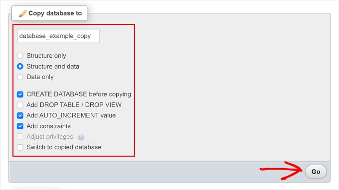 The 'Copy database to' section on phpMyAdmin