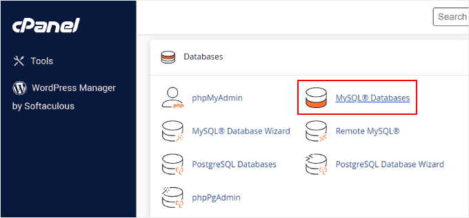 Opening the MySQL Databases page on cPanel