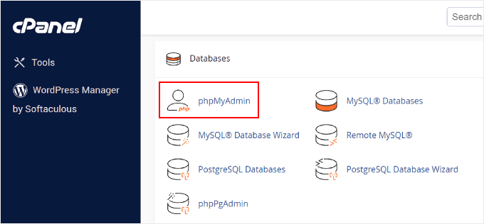 Selecting phpMyAdmin on cPanel