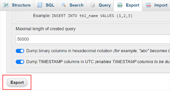 Clicking the Export button on phpMyAdmin