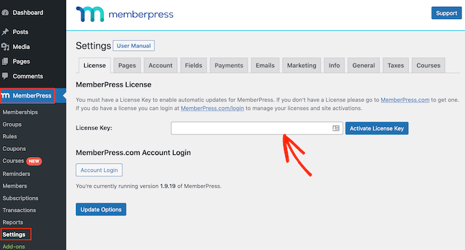 将许可证密钥添加到您的 MemberPress 插件