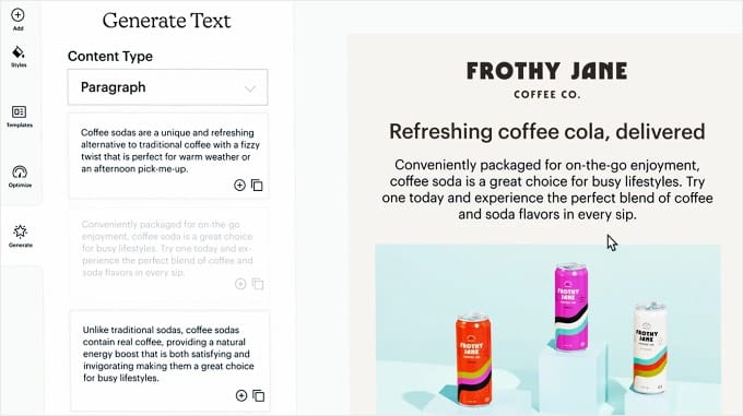 Generarea de text cu AI în MailChimp