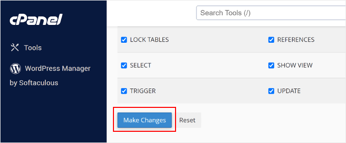 Clicking the 'Make Changes' button to set the privileges of a new MySQL user on phpMyAdmin