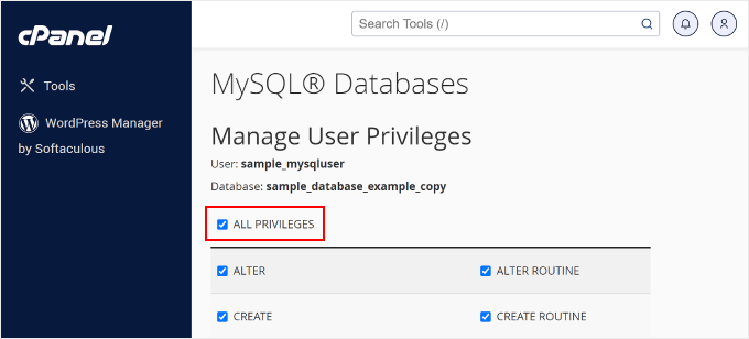 Checking the All Privileges option when adding a new MySQL user on cPanel
