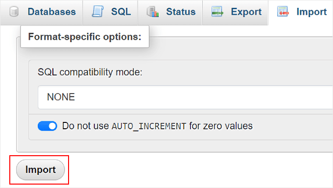 Clicking the Import button on phpMyAdmin