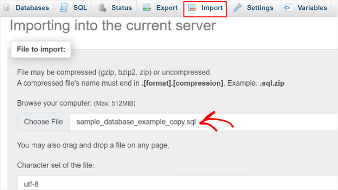 Choosing an SQL file to import in phpMyAdmin