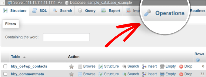 Selecting the Operations tab on phpMyAdmin