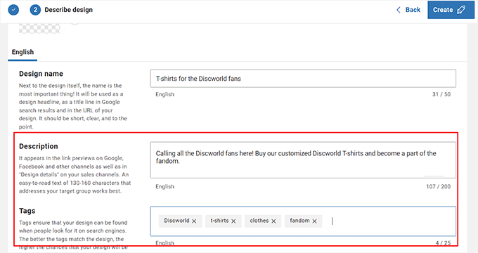 Add description and tags for your t-shirts