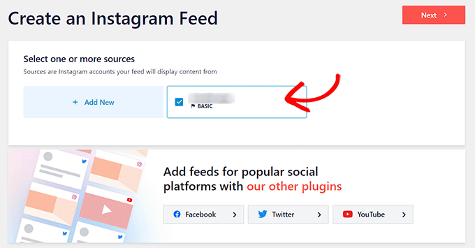 Choose Instagram account as source