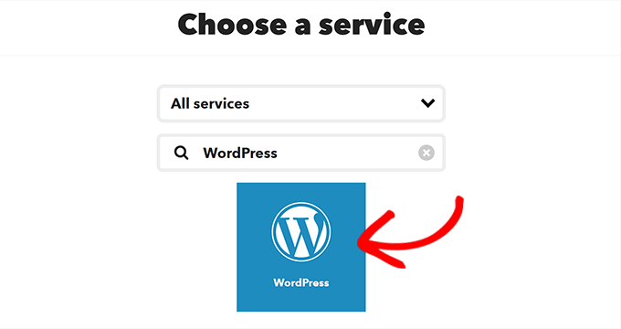 Choose WordPress as the service for action