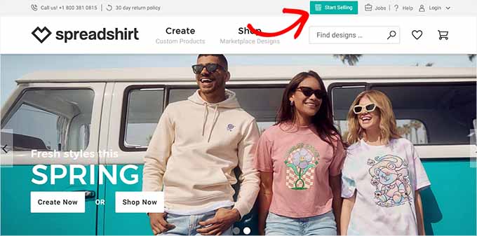Click the Start Selling button on the Spreadshirt website