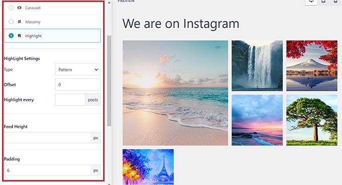 Configure layout settings of the Instagram feed