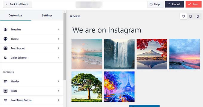 Instagram feed in the live preview editor