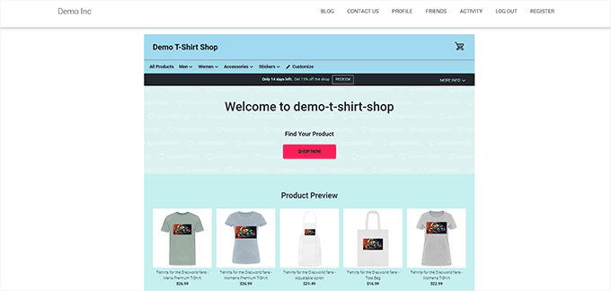 Preview of a spreadshop embedded in a WordPress site