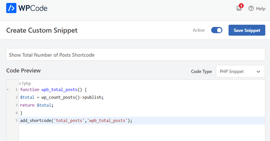Paste code in the WPCode plugin to create shortcode