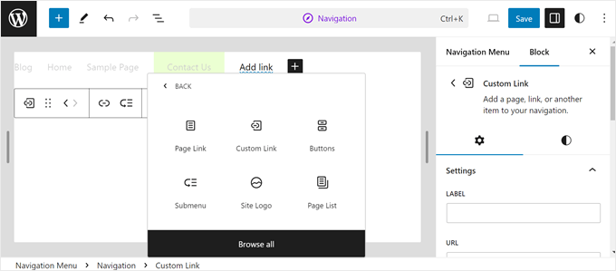 Adding menu elements to the navigation menu in FSE