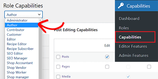 Choose the Author option from the role capabilities dropdown menu