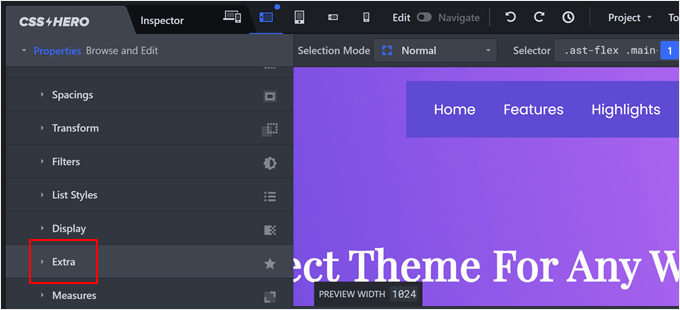 Opening the Extra tab in CSS Hero