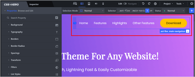 Clicking on the navigation menu in CSS Hero