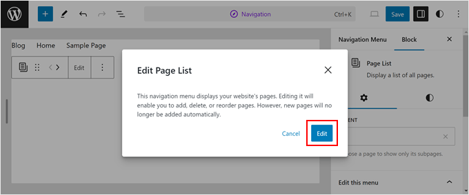 Confirming to edit the page list block