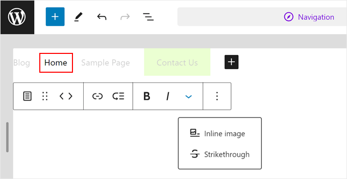 The block toolbar settings for a page link in menu
