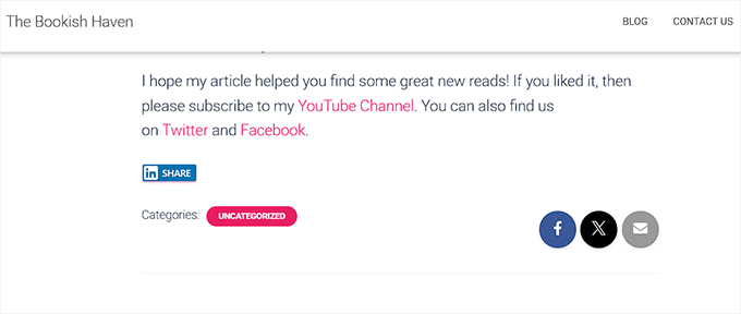 Prévia do botão de compartilhamento do LinkedIn na parte inferior do conteúdo