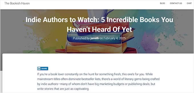 Prévia do botão de compartilhamento do LinkedIn no topo do seu conteúdo