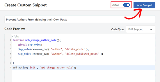 Save snippet for preventing authors to delete a post
