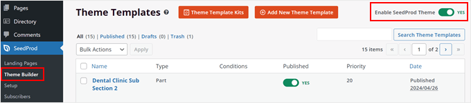 Enabling the SeedProd theme in WordPress