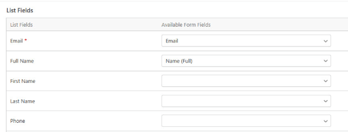 Constant Contact list fields 