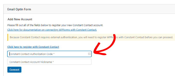 Paste Constant Contact authorization code 