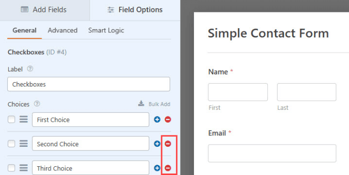 Removing checkboxes in WPForms