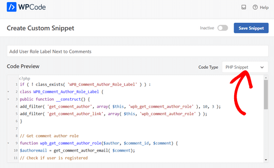 Paste code snippet into the Code Preview box and select PHP Snippet