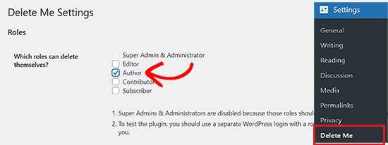 Choose user roles that are allowed to delete their accounts in WordPress
