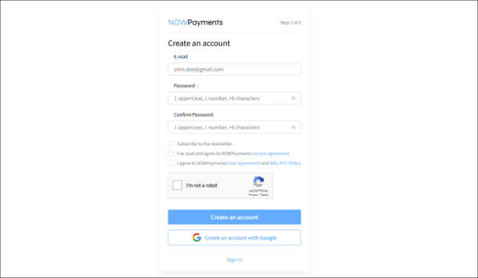 Create a nowpayments account