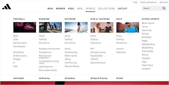 An example of a mega menu with rich content