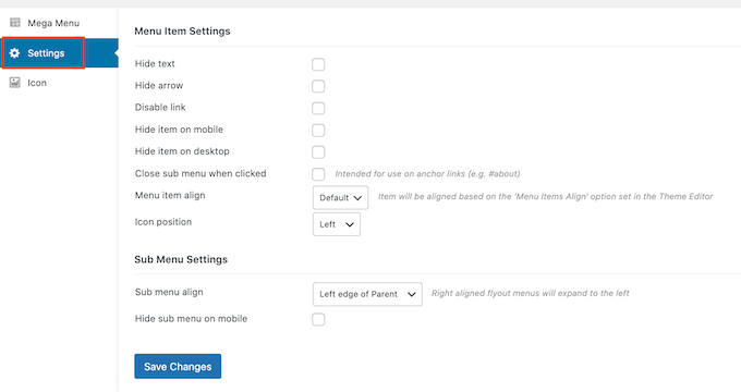 The Max Mega Menu settings