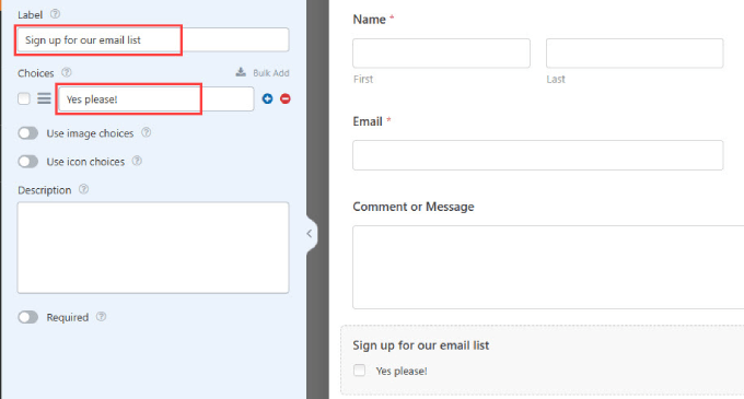 Signup email box in WPForms 