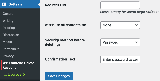 Setări WP Frontend Delete Account