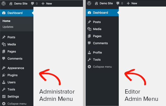 Administrator vs Editor dashboard in WordPress