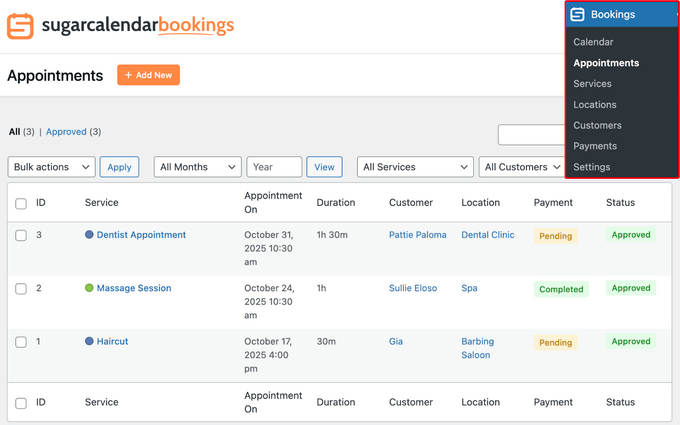 Sugar Calendar appointments dashboard