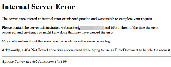Ejemplo de un sitio web de WordPress que muestra un error interno del servidor