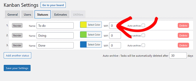 Configure the statuses settings for the kanban board