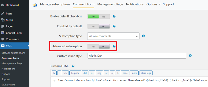 StCr settings in WordPress