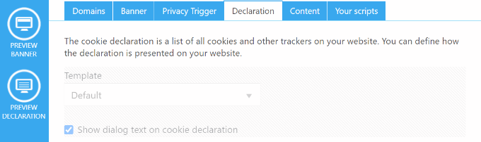 Declaration settings in Cookiebot