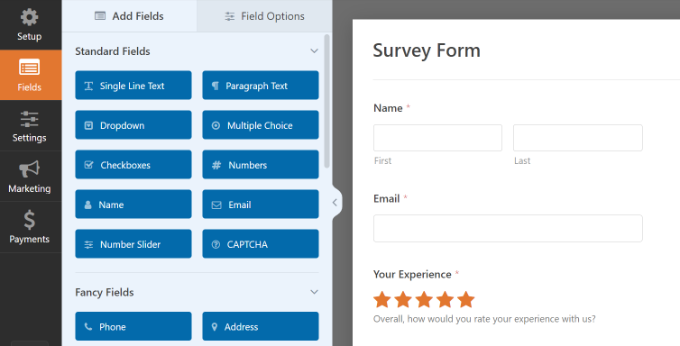 Drag and drop fields to your form